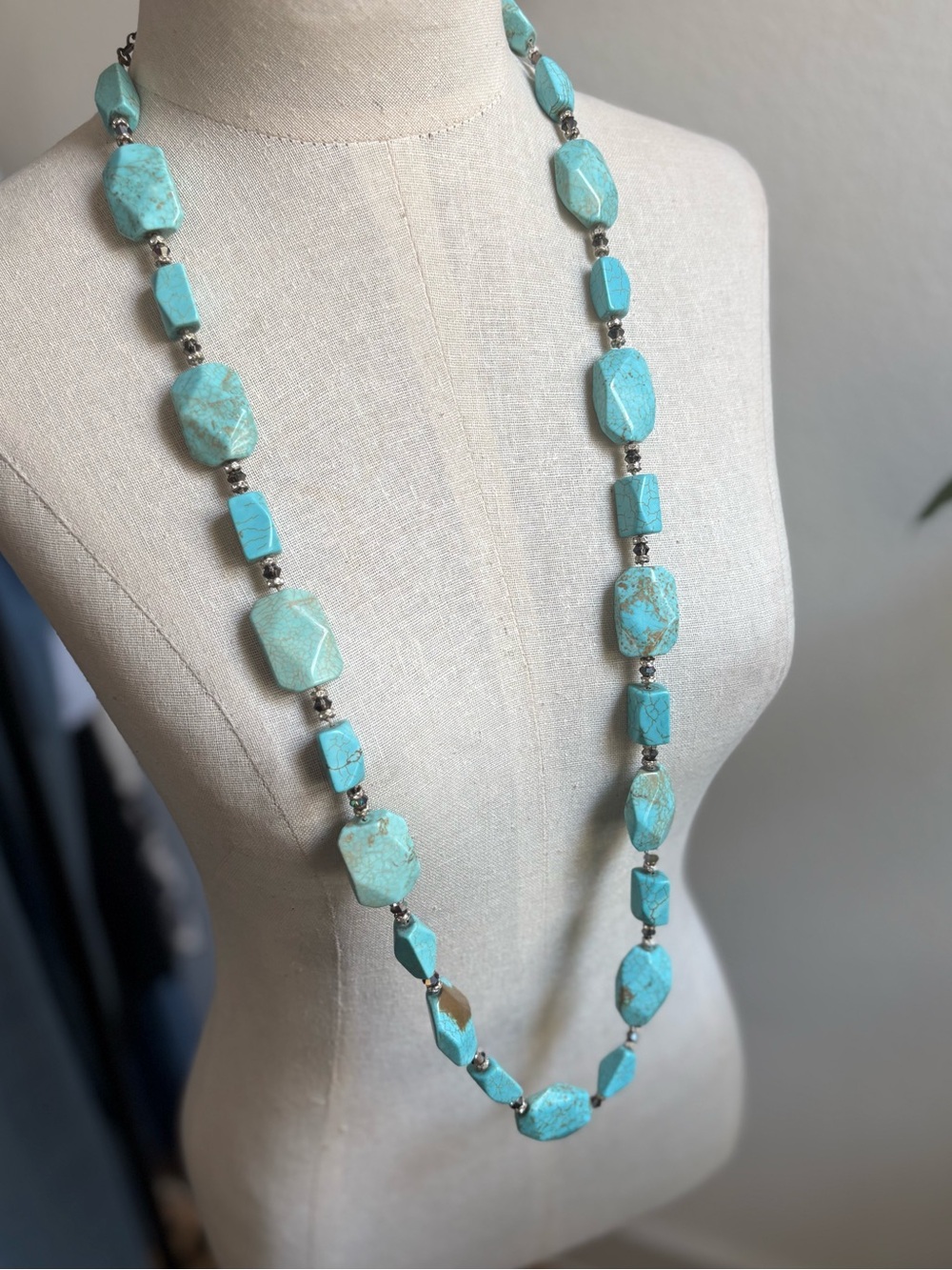Turquoise Colored Stone Beaded Statement Necklace - Handmade by Ellow